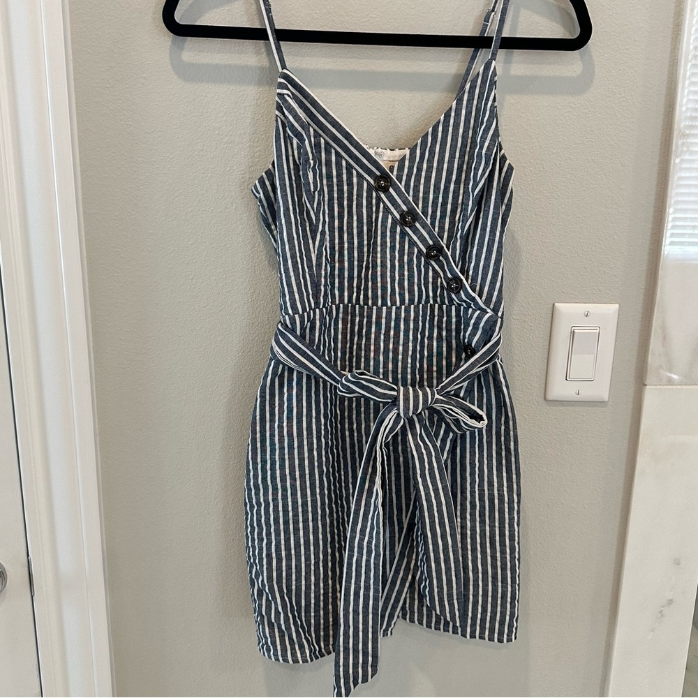 Essue - Blue White Pinstripe Mini Dress w/ Ribbon Wrap & Button Detail- Small